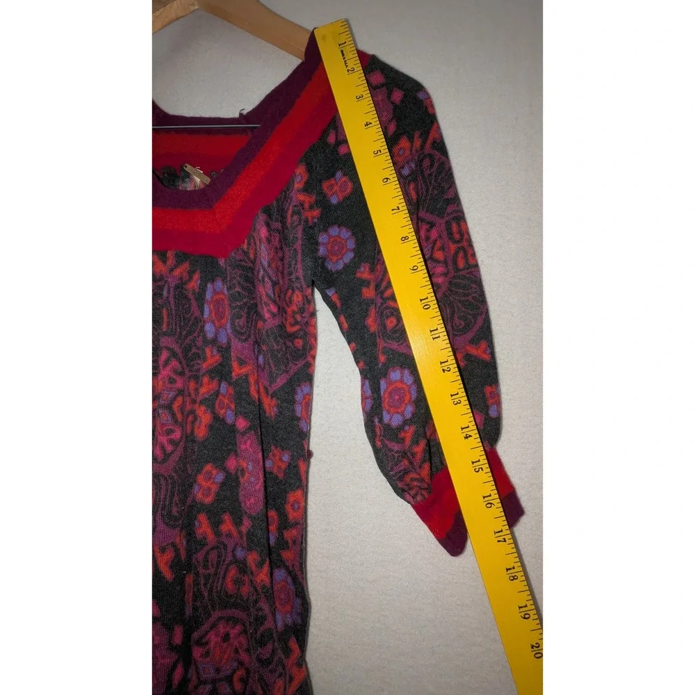 Free People Wool Cashmere Paisley V-Neck Tunic Sweater Purple Red Medium